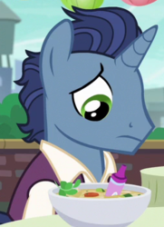 Size: 255x352 | Tagged: safe, screencap, waxton, pony, unicorn, g4, the gift of the maud pie, animation error, crayon, cropped, food, male, solo, soup, stallion