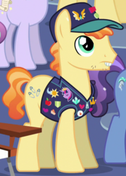 Size: 562x784 | Tagged: safe, screencap, fair trade, earth pony, pony, g4, the crystalling, bucktooth, clothes, cropped, male, pin, pins, solo focus, stallion, vest