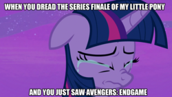 Size: 1280x720 | Tagged: safe, edit, edited screencap, screencap, shining armor, pony, unicorn, g4, once upon a zeppelin, season 7, avengers, avengers: endgame, crying, end of ponies, female, in-universe pegasister, series finale blues, solo