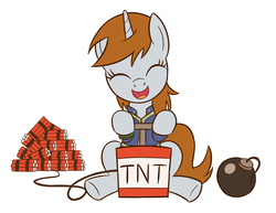 Size: 2000x1540 | Tagged: safe, artist:sazanamibd, oc, oc only, oc:littlepip, pony, unicorn, fallout equestria, game: fallout equestria: remains, bomb, clothes, detonator, explosives, eyes closed, fanfic, fanfic art, female, hooves, horn, jumpsuit, mare, open mouth, pipbuck, simple background, sitting, solo, this will end in explosions, tnt, vault suit, weapon, white background