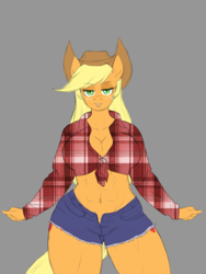 Size: 1200x1600 | Tagged: safe, artist:lurking tyger, applejack, earth pony, anthro, g4, abs, belly button, both cutie marks, breasts, busty applejack, cleavage, clothes, female, front knot midriff, gray background, looking at you, midriff, muscles, muscular female, plaid shirt, shorts, simple background, solo, unmoving plaid
