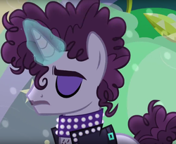 Size: 1137x932 | Tagged: safe, screencap, prance (g4), undertone, pony, unicorn, g4, the mane attraction, background pony, choker, clothes, cropped, eyes closed, eyeshadow, glowing horn, horn, jacket, magic, makeup, male, ponified, prince (musician), solo, stallion, studded choker