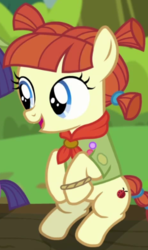 Size: 465x784 | Tagged: safe, screencap, nature walk, earth pony, pony, g4, the mane attraction, cropped, female, filly, neckerchief, sitting, solo focus