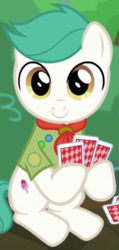 Size: 355x745 | Tagged: safe, screencap, soft ice, earth pony, pony, g4, the mane attraction, background pony, clothes, colt, cropped, hoof hold, male, playing card, sitting, solo, uniform