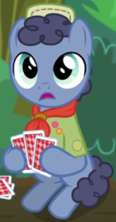 Size: 408x777 | Tagged: safe, screencap, shady blues, earth pony, pony, g4, the mane attraction, colt, cropped, hat, hoof hold, male, neckerchief, playing card, sitting, solo
