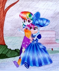 Size: 1292x1576 | Tagged: source needed, safe, artist:liaaqila, rainbow dash, scootaloo, equestria girls, for whom the sweetie belle toils, g4, make new friends but keep discord, boots, clothes, commission, costume, cute, cutealoo, dashabetes, dignified wear, dress, duo, female, gala dress, jewelry, necklace, rain, running, scootalove, shoes, siblings, sisters, smiling, traditional art