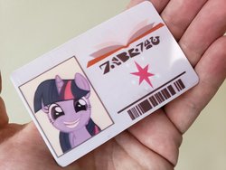 Size: 2048x1536 | Tagged: safe, artist:sky-railroad, twilight sparkle, pony, g4, the point of no return, barcode, cutie mark, defictionalization, female, library card, real life background, smiling, solo, that was fast, written equestrian