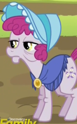 Size: 366x589 | Tagged: safe, screencap, mulberry silk, earth pony, pony, brotherhooves social, g4, background pony, bonnet, clothes, cropped, discovery family logo, elderly, female, lidded eyes, mare, shawl, solo