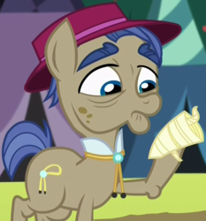 Size: 768x825 | Tagged: safe, screencap, showtime, earth pony, pony, brotherhooves social, g4, background pony, bolo tie, cropped, elderly, hat, liver spots, male, solo, stallion