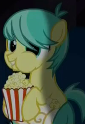Size: 200x290 | Tagged: safe, screencap, corn pops, earth pony, pony, g4, made in manehattan, background pony, colt, cropped, eating, foal, food, hoof hold, male, offscreen character, popcorn, puffy cheeks, solo focus