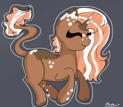 Size: 800x694 | Tagged: safe, anonymous artist, oc, oc only, oc:spotty lionmane, pony, unicorn, eyes closed, female, horn, leonine tail, mare, signature, smiling, spots, two toned mane, two toned tail