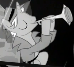 Size: 415x373 | Tagged: safe, screencap, pony, unicorn, g4, rarity investigates, background pony, clothes, cornet, cropped, dexterous hooves, eyes closed, grayscale, hoof hold, male, monochrome, musical instrument, noir, playing instrument, solo focus, stallion, trenchcoat, unnamed character, unnamed pony