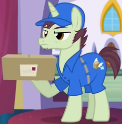 Size: 771x788 | Tagged: safe, screencap, package deal, pony, unicorn, g4, rarity investigates, clothes, cropped, delivery, delivery pony, hat, hoof hold, male, package, solo, stallion, uniform