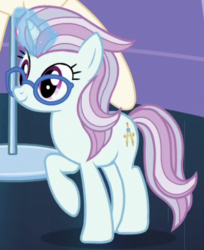 Size: 424x520 | Tagged: safe, screencap, north point, pony, unicorn, canterlot boutique, g4, background pony, cropped, female, glasses, glowing horn, horn, magic, magic aura, mare, raised hoof, solo