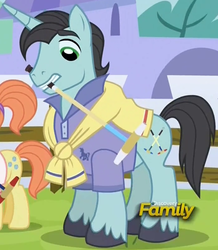 Size: 435x500 | Tagged: safe, screencap, dee six, neckshot, pony, unicorn, g4, princess spike, background pony, cropped, croquet mallet, discovery family logo, male, mouth hold, polo shirt, solo focus, stallion