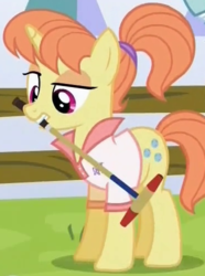 Size: 369x497 | Tagged: safe, screencap, dee six, pony, unicorn, g4, princess spike, background pony, cropped, croquet mallet, female, lidded eyes, mare, mouth hold, ponytail, solo