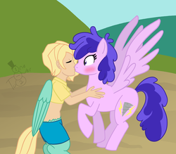 Size: 1953x1708 | Tagged: safe, artist:oneovertwo, plumberry, oc, oc:gale, pegasus, pony, satyr, blushing, canon x oc, clothes, female, kissing, male, midriff, older, parent:zephyr breeze, shipping, short shirt, straight