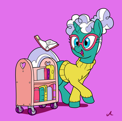 Size: 3905x3852 | Tagged: safe, artist:docwario, bellflower blurb, pony, unicorn, the point of no return, book, clothes, cute, glasses, high res, open mouth, purple background, simple background, solo, sweater