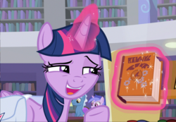 Size: 1415x980 | Tagged: safe, screencap, twilight sparkle, alicorn, pony, the point of no return, adorkable, book, cropped, cute, dork, female, glowing horn, levitation, library, lidded eyes, loving gaze, magic, mare, open mouth, raised eyebrow, raised hoof, saddle bag, solo, telekinesis, twilight sparkle (alicorn), written equestrian
