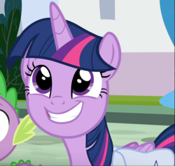 Size: 1030x980 | Tagged: safe, screencap, spike, twilight sparkle, alicorn, pony, g4, the point of no return, cropped, cute, female, male, offscreen character, smiling, solo focus, teeth, twiabetes, twilight sparkle (alicorn)