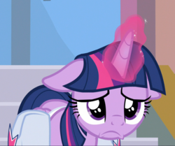 Size: 906x757 | Tagged: safe, screencap, twilight sparkle, alicorn, pony, g4, the point of no return, cropped, female, floppy ears, glowing horn, horn, mare, sad, sad eyes, saddle bag, solo, twilight sparkle (alicorn)