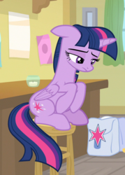 Size: 623x870 | Tagged: safe, screencap, twilight sparkle, alicorn, pony, g4, the point of no return, candle, cropped, cute, female, floppy ears, folded wings, lidded eyes, looking down, mare, saddle bag, sitting, solo, stool, sulking, twilight sparkle (alicorn), wings