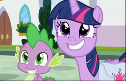 Size: 1527x981 | Tagged: safe, screencap, spike, twilight sparkle, alicorn, dragon, pony, g4, the point of no return, cropped, cute, duo, female, male, saddle bag, smiling, spikabetes, twiabetes, twilight sparkle (alicorn), winged spike, wings