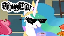 Size: 1280x720 | Tagged: safe, edit, edited screencap, screencap, carrot cake, cup cake, princess celestia, alicorn, pony, a bird in the hoof, g4, season 1, amulet, caption, crown, cup, deal with it, flowing mane, food, hilarious in hindsight, image macro, jewelry, link in source, meme, regalia, solo focus, sparkles, sunglasses, swag glasses, tea, teacup, text, thug life, thumbnail