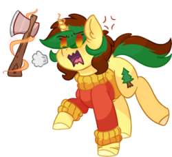 Size: 514x468 | Tagged: safe, artist:drawtheuniverse, oc, oc only, oc:anastasia pines, pony, unicorn, angry, axe, chibi, clothes, cross-popping veins, cute, dock, female, full body, hooves, magic, mare, multicolored hair, open mouth, orange eyes, running, scar, shading, simple background, solo, sweater, transparent background, weapon, yellow coat
