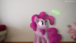 Size: 1280x720 | Tagged: safe, artist:stormxf3, pinkie pie, earth pony, human, pony, man versus ponies, g4, griffon the brush off, animated, behaving like a cat, bipedal, cute, diapinkes, female, flashlight (object), hand, irl, irl human, laser pointer, mare, needs more jpeg, offscreen character, offscreen human, photo, ponies in real life, sound, webm