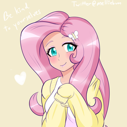 Size: 1600x1600 | Tagged: safe, artist:melliedraws, fluttershy, butterfly, human, equestria girls, g4, blushing, bust, clothes, cute, female, hairclip, heart, human coloration, shirt, shyabetes, smiling, solo, sweater, sweater vest, sweatershy