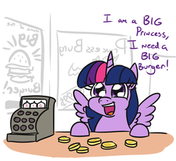 Size: 791x726 | Tagged: safe, artist:jargon scott, twilight sparkle, alicorn, pony, g4, 30 minute art challenge, bits, cash register, cute, dialogue, female, happy, implied fat, mare, open mouth, smiling, solo, spongebob squarepants, spread wings, starry eyes, that pony sure does love burgers, this will end in weight gain, twiabetes, twilight burgkle, twilight sparkle (alicorn), wide eyes, wingding eyes, wings