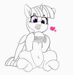 Size: 1280x1319 | Tagged: safe, artist:pabbley, twilight sparkle, alicorn, pony, g4, 30 minute art challenge, belly button, burger, chest fluff, female, food, happy, heart, heart eyes, holding, mare, monochrome, open mouth, partial color, sitting, smiling, solo, twilight burgkle, twilight sparkle (alicorn), underhoof, wingding eyes
