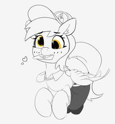 Size: 1716x1852 | Tagged: safe, alternate version, artist:pabbley, derpy hooves, pegasus, pony, g4, blushing, clothes, cute, derpabetes, ear fluff, female, hat, heart, letter, mailmare, mare, monochrome, mouth hold, partial color, smiling, socks, solo
