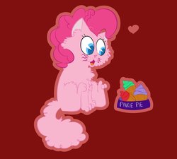 Size: 1200x1080 | Tagged: safe, artist:amethystcutey, pinkie pie, cat, g4, catified, chest fluff, cupcake, cute, diapinkes, female, food, heart, leg fluff, open mouth, pac-man eyes, pet bowl, pinkie cat, red background, simple background, sitting, smiling, solo, species swap, whiskers
