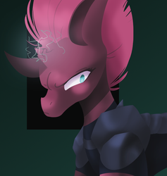 Size: 758x799 | Tagged: safe, artist:lolgaleo, tempest shadow, pony, g4, abstract background, broken horn, female, glowing horn, horn, scowl, solo