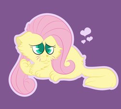 Size: 1200x1080 | Tagged: safe, artist:amethystcutey, fluttershy, cat, g4, catified, cheek fluff, chest fluff, cute, female, fluttercat, heart, leg fluff, lying down, pac-man eyes, purple background, shyabetes, simple background, smiling, solo, species swap, whiskers