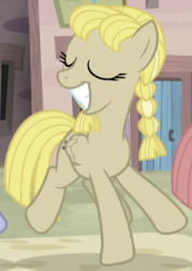 Size: 524x742 | Tagged: safe, screencap, offbeat, pegasus, pony, g4, the cutie map, animation error, cropped, cult, dancing, egalitarianism, eyes closed, fake smile, female, in our town, mare, our town, smiling, solo focus, wide smile