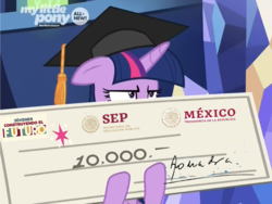 Size: 1499x1125 | Tagged: safe, edit, edited screencap, screencap, twilight sparkle, alicorn, pony, g4, the beginning of the end, cursed, female, giant check, graduation cap, hat, mexico, peso, shitposting, solo, spanish, twilight sparkle (alicorn), unamused