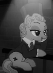 Size: 395x550 | Tagged: safe, screencap, marelene dietrot, earth pony, pony, g4, sparkle's seven, background pony, clothes, cropped, female, grayscale, hat, mare, marlene dietrich, monochrome, necktie, raised eyebrow, suit, top hat