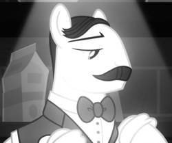 Size: 645x540 | Tagged: safe, screencap, earth pony, pony, g4, season 9, sparkle's seven, bartender, bowtie, cropped, facial hair, grayscale, juice jackie, lidded eyes, male, monochrome, moustache, solo, stallion, unnamed character, unnamed pony, waiter