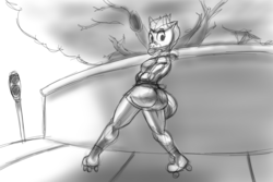 Size: 3000x2000 | Tagged: safe, artist:tracerpainter, oc, oc:spitdash kid, earth pony, anthro, booty shorts, building, graffiti, grayscale, high res, large butt, monochrome, skating, sketch, text, the ass was fat, thunder thighs, tree, wide hips