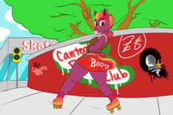 Size: 2160x1440 | Tagged: safe, artist:tracerpainter, oc, oc:spitdash kid, earth pony, anthro, booty shorts, bottom heavy, building, butt, graffiti, large butt, plot, skating, text, the ass was fat, thunder thighs, tree, wide hips