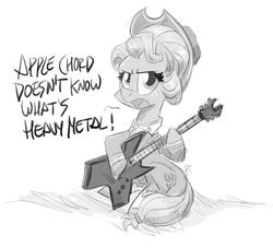 Size: 2082x1889 | Tagged: safe, artist:flutterthrash, applejack, earth pony, pony, g4, sparkle's seven, alternate hairstyle, apple chord, cute, dialogue, electric guitar, female, grayscale, guitar, jackabetes, mare, monochrome, musical instrument, solo