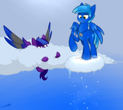 Size: 1065x955 | Tagged: safe, artist:flylash1, oc, oc:graupel, oc:gust, pegasus, pony, cloud, colored wings, dog tags, duo, gradient mane, gradient tail, gradient wings, male, pegasus oc, sinking in the cloud, snow, stallion, weather ponies