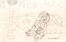 Size: 1024x664 | Tagged: safe, artist:sorasleafeon, oc, oc only, oc:shadow sora, original species, zora, anthro, abs, arms, beach, clothes, cloud, coconut, crossover, fins, food, legs, male, monochrome, ocean, palm tree, pencil drawing, relaxed, rock, sand, smiling, smirk, solo, speedo, swimming trunks, swimsuit, tail, the legend of zelda, traditional art, transformation, transformed, tree, water, wip