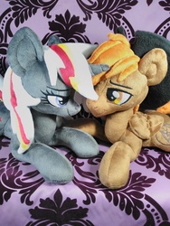 Size: 1620x2160 | Tagged: safe, artist:doctorkoda, oc, oc only, oc:calamity, oc:velvet remedy, pegasus, pony, unicorn, fallout equestria, cowboy hat, dashite, fanfic, female, hat, hooves, horn, irl, male, mare, photo, plushie, smiling, stallion, wings