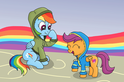 Size: 1200x800 | Tagged: safe, artist:m.w., rainbow dash, scootaloo, pegasus, pony, g4, clothes, cute, eyes closed, female, filly, happy, hoodie, mare, raised hoof, scootadoption, scootalove, siblings, sisters, smiling