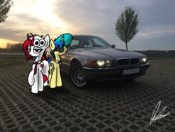 Size: 4032x3024 | Tagged: safe, artist:flaremoon, oc, oc only, oc:mercury haze, oc:razlad, pony, bmw, bmw 7-series, bmw e38, businessmare, car, duo, helix horn, horn, irl, photo, photography, ponies in real life