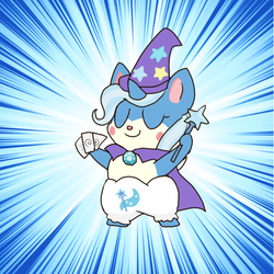 Size: 600x600 | Tagged: safe, artist:kushina13, trixie, cocotama, unicorn, semi-anthro, g4, abstract background, cape, card, clothes, eyes closed, female, hat, solo, trixie's cape, trixie's hat, wand